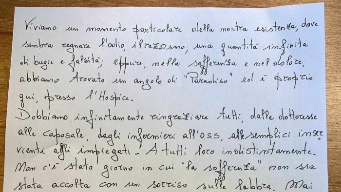 hospice di solofra toccante lettera di ringraziamento rivolta al personale