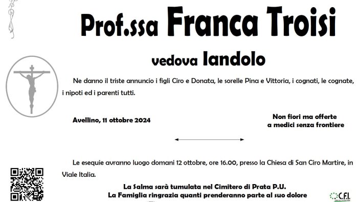 oggi l ultimo saluto a franca troisi il cordoglio del sindaco nargi