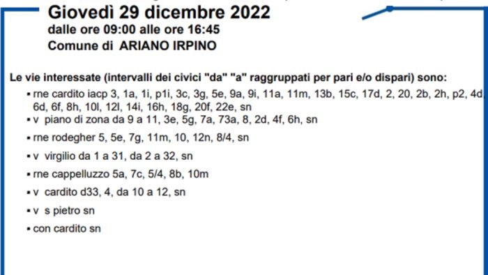 interruzione di energia elettrica ad ariano ecco dove e quando