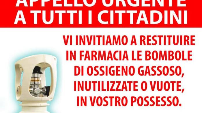 appello urgente a cittadini restituite bombole vuote ossigeno