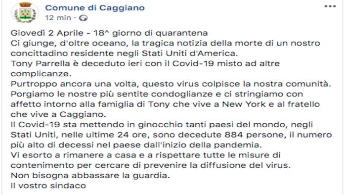 coronavirus cittadino di caggiano muore negli stati uniti