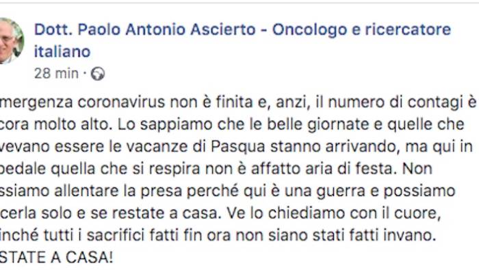 appello di ascierto in ospedale non e festa restate a casa