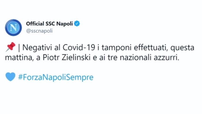 napoli tampone negativo per zielinski e gli azzurri