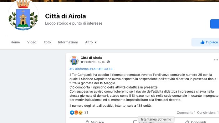 scuole airola tar sospende anche seconda ordinanza chiusura