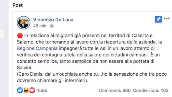 migranti de luca sfotte salvini al solito non capisce