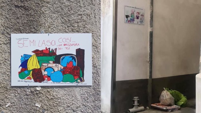 i disegni dei bimbi invitano a non sporcare incivili abbandonano rifiuti