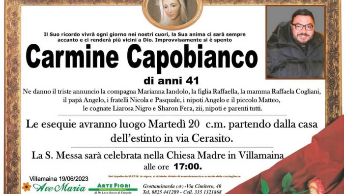 muore a 41 anni villamaina piange carmine vivrai sempre nostri cuori