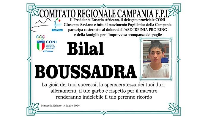 coni avellino mondo sportivo in lutto per la morte di bilal boussadra