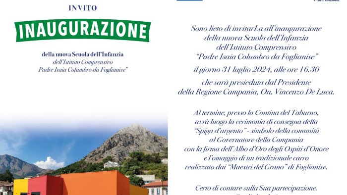 Inaugurazione scuola. A Foglianise il 31 luglio arriva il presidente De Luca  - Ottopagine.it Benevento