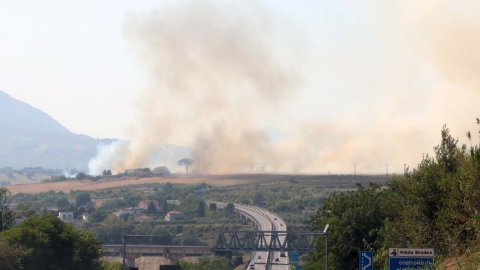 vasto incendio alle porte della citta fumo intenso e vigili del fuoco in azione