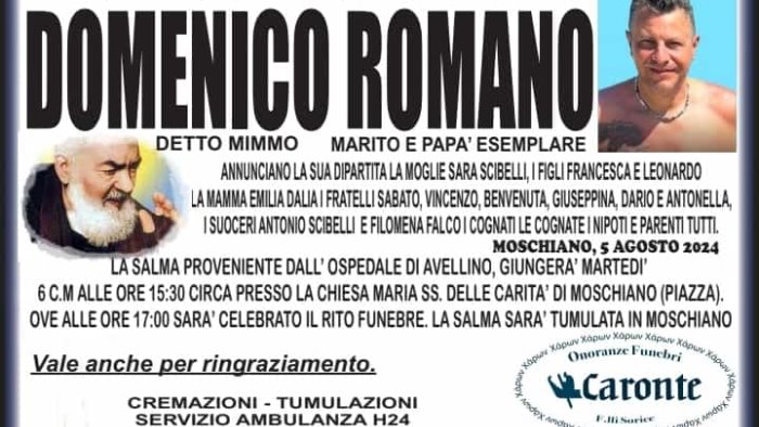 moschiano domani pomeriggio i funerali di domenico romano