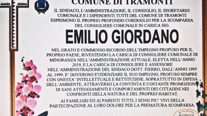 tramonti piange la morte del consigliere emilio giordano